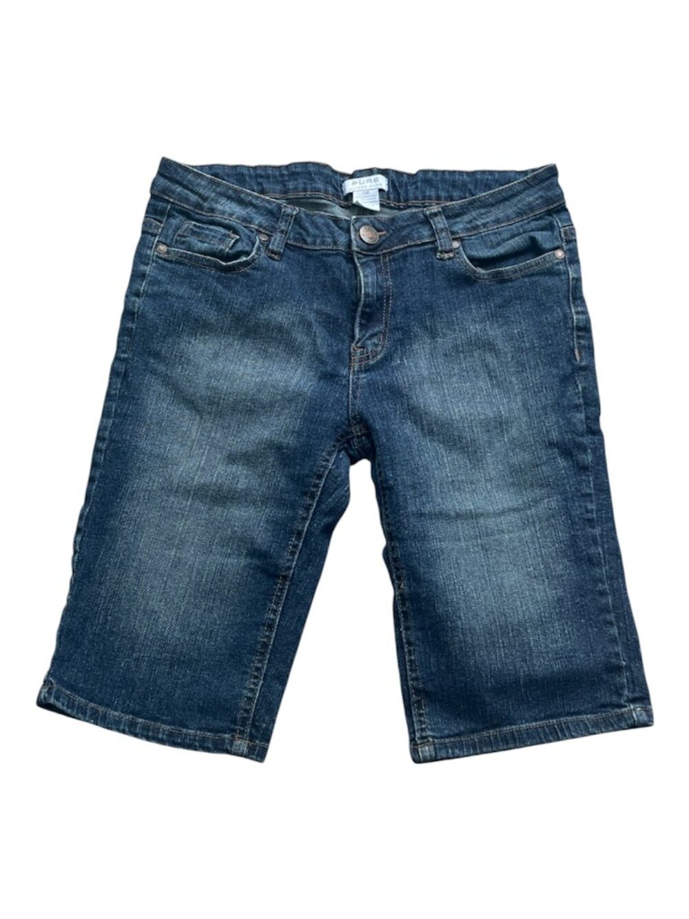 ALFRED SUNG PURE Denim Long BERMUDA Shorts Size 8 Cotton Spandex Knee Length